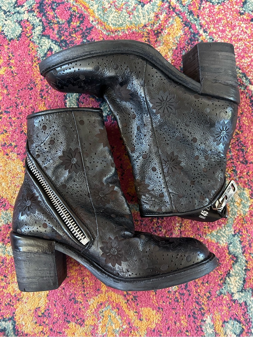 A.S.98 | Women’s Black Floral Embossed Leather Jase Wrap Zip Ankle Boots Size 6 - Picture 7 of 16
